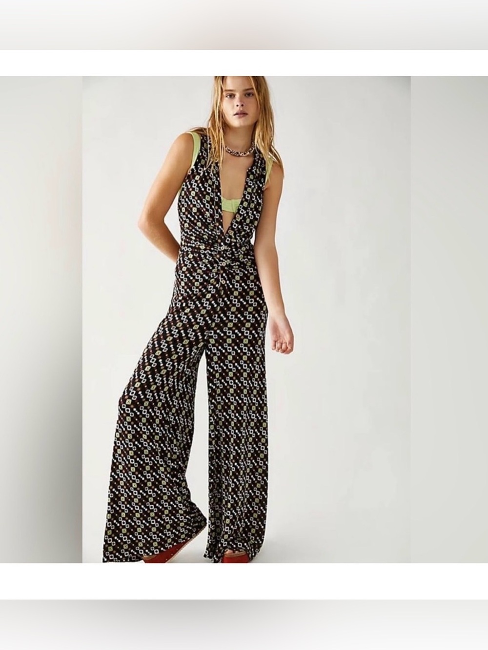 Free People Black Geometric-Print Sleeveless Wide-Leg Jumpsuit